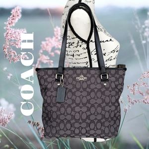 💯 COACH Signature Smoke black Zip Top Shopper Tote